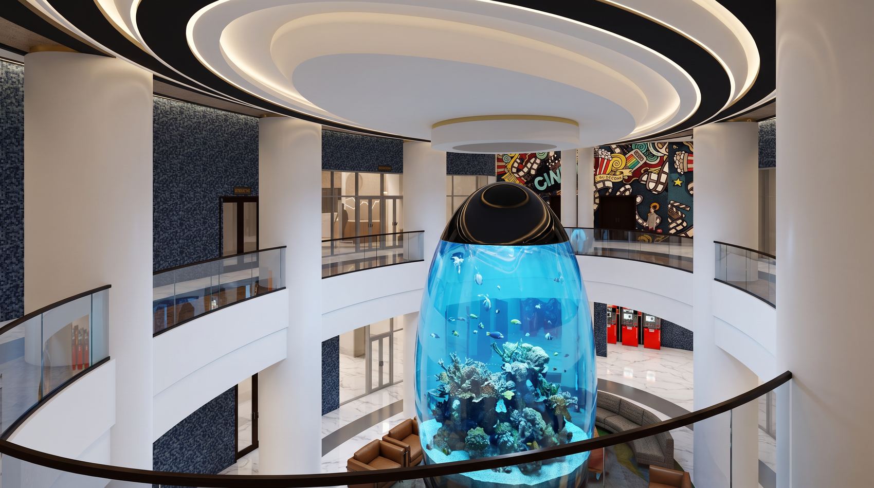 Render of an interior atrium with a central aquarium, a circular ceiling feature and a cinema mural