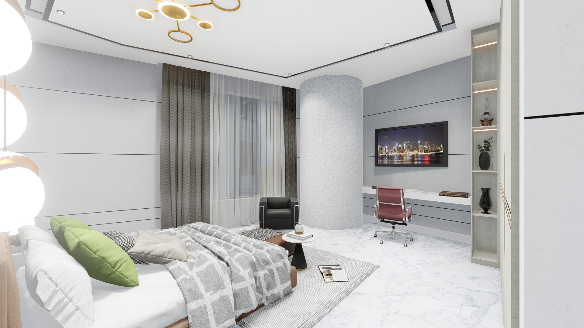 Render of a Tri-Tower bedroom with marble floor, a city-view screen and a work desk