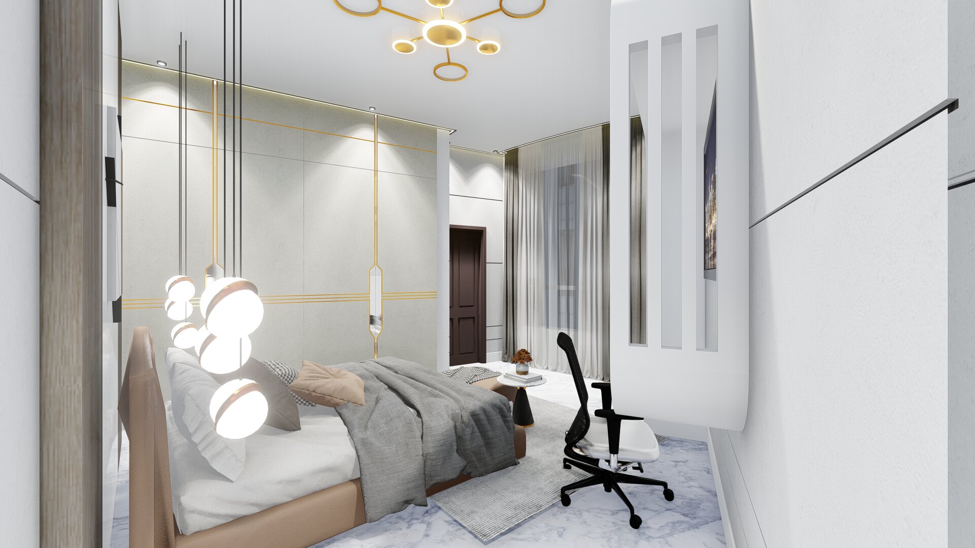 Render of a second bedroom with gold wall detailing and sculptural pendant lights