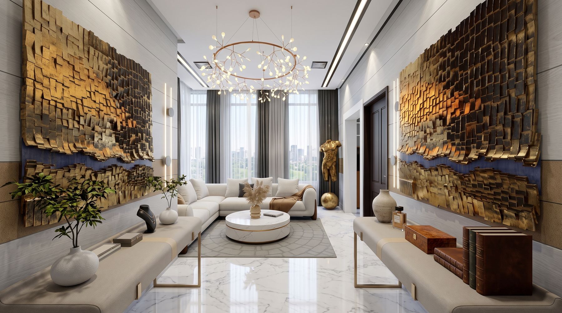 Render of a residence living room with gold relief walls, a white sectional and a chandelier