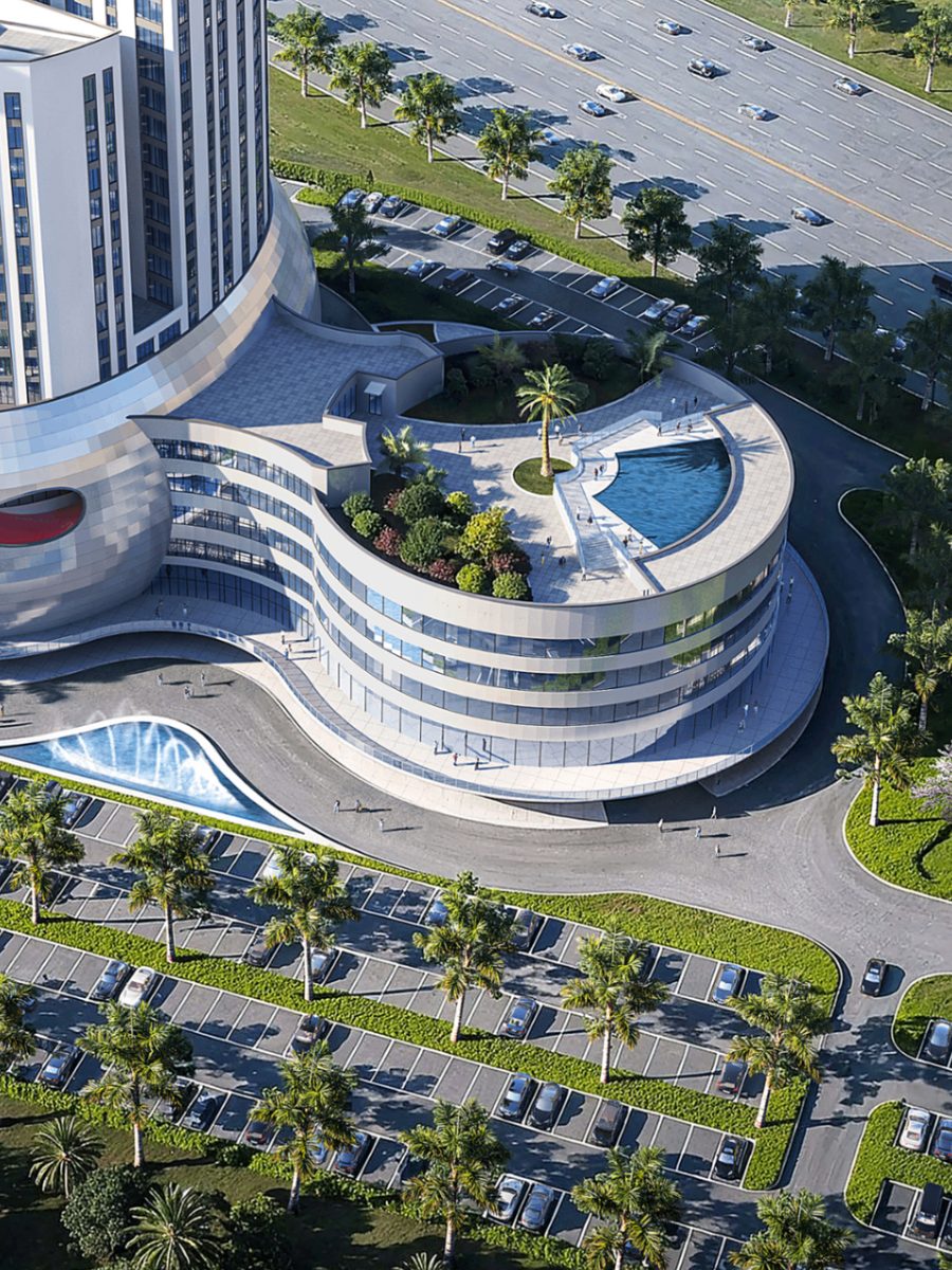 Aerial render of the podium roof terrace with its pool and garden